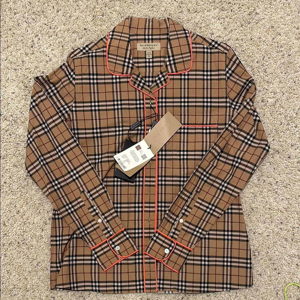 Burberry Tan Plaid Women's Top with Red Accents